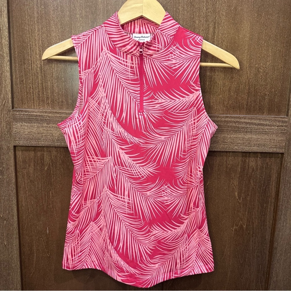 Tommy Bahama Active Pink Palm-Print Sleeveless Zip Mock Neck Tank